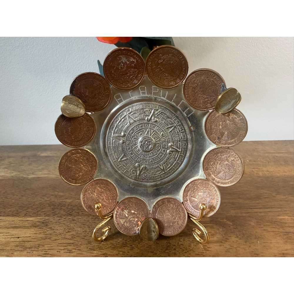 Vintage Mexican Aztec Calendar Coin Art Brass Copper Decorative Plate